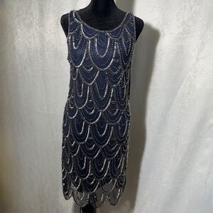 Pisarro Nights Navy Beaded Sequin Dress Sz 6 1920s Gatsby Flapper Art Deco Glam